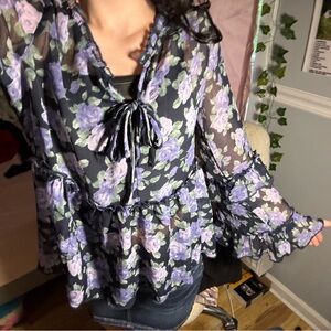 American Eagle Outfitters Black and Purple Floral Blouse